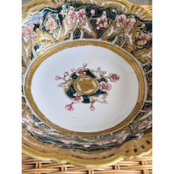 Vintage 40's Nippon Porcelain Bowl Gold Beading Pink Flowers 10" - Picture 9 of 16